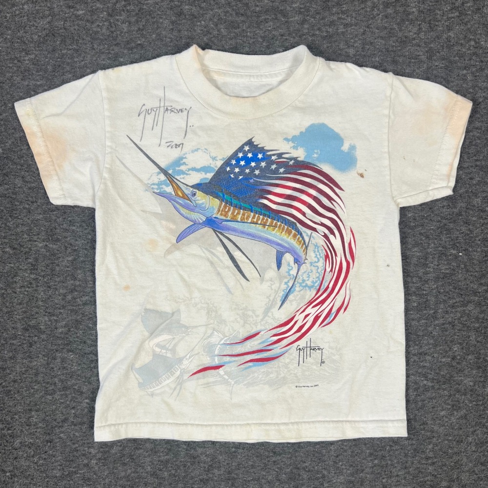 Vintage 2005 Guy Harvey Autographed T-Shirt Kids XS White Swordfish Tee
